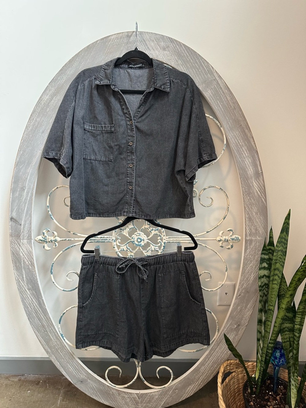 Washed Black Women's Short Set - Relaxed Button-Up & Drawstring Shorts